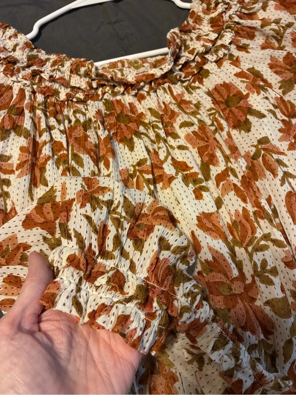 Free People Cream Floral Smocked Ruffle Off-Shoulder Top